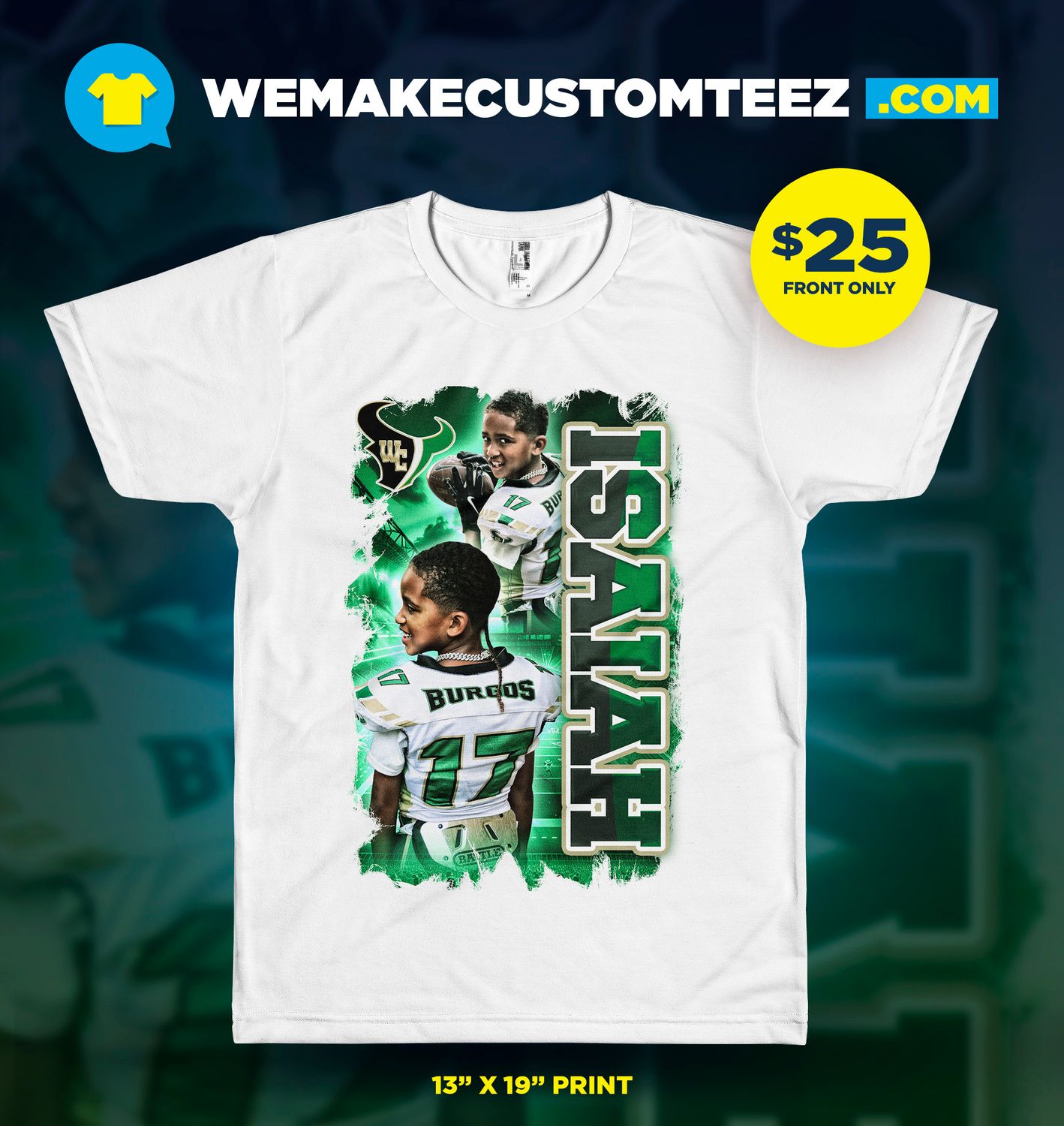 Custom youth football t-shirt design featuring player Isaiah Burgos in white and green uniform by WeMakeCustomTeez.com.