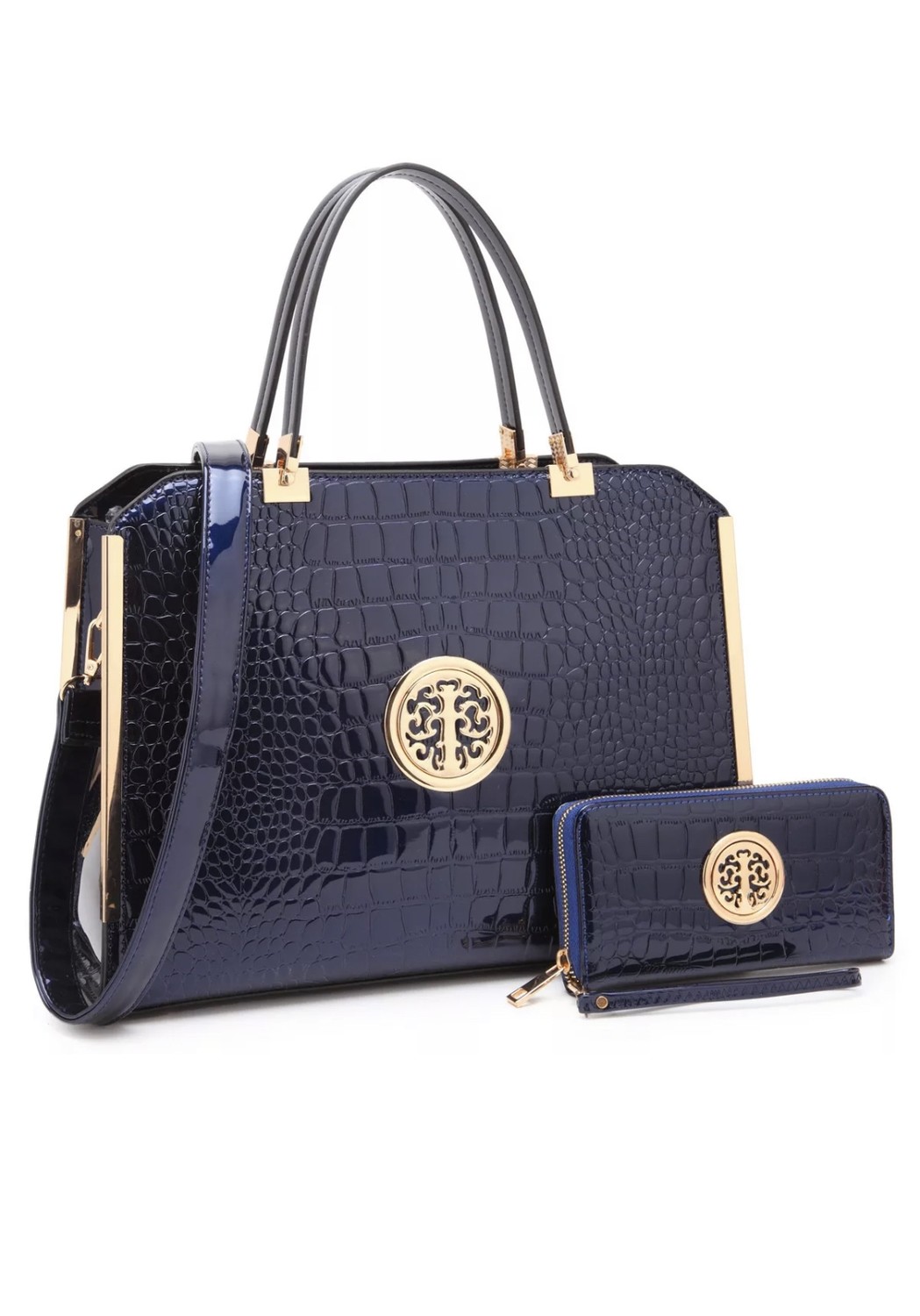 Navy Blue Patent Leather Satchel Handbag