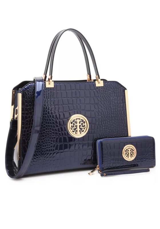 Navy Blue Patent Leather Satchel Handbag