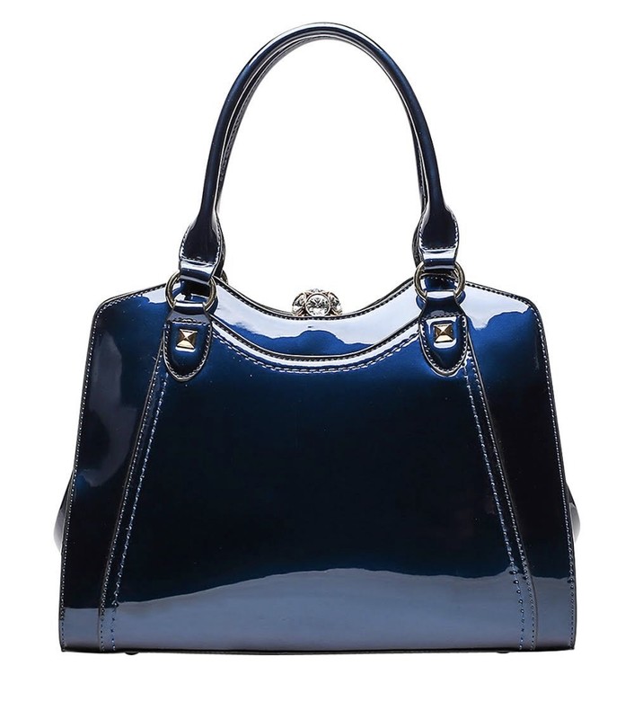 Navy Blue Patent Leather Satchel Handbag