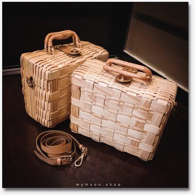 Bamboo woven Suitcase Small size 24cm handle and genuine leather shoulder strap