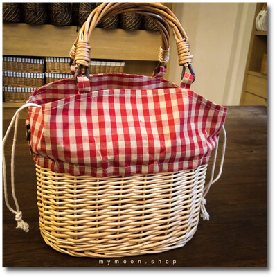 Willow Woven Handle And Shoulder Bag With Red Brown Check Cloth