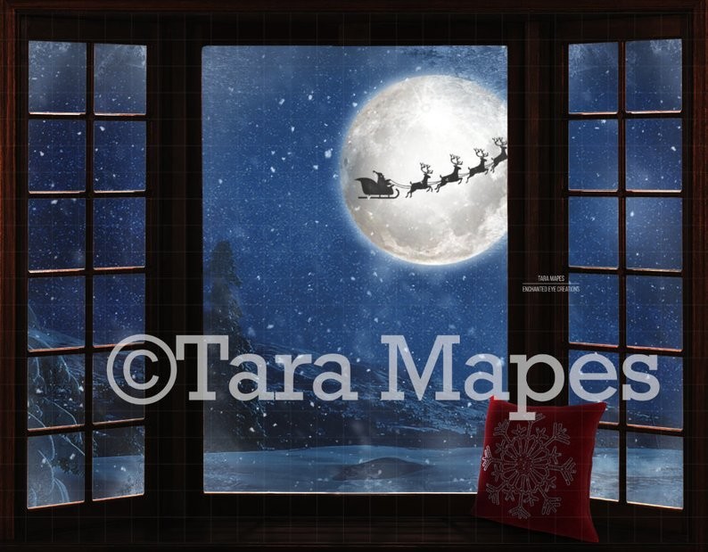 Christmas Window Santa in Moon Digital Background Christmas Window Santa in Moon Digital Background