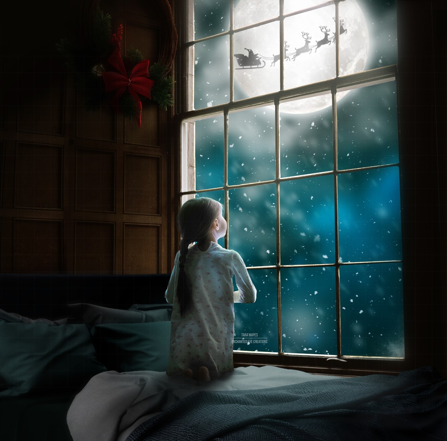 Christmas Big Window Santa in Moon Digital Background