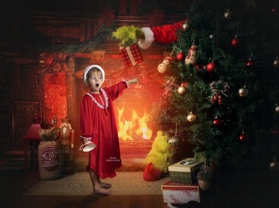 Green Furry Monster Holding Christmas Gift Behind Tree Holiday Christmas Digital Background