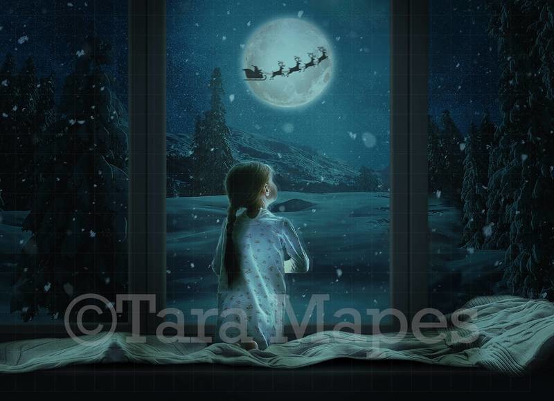 Christmas Window Santa in Moon Digital Background Christmas Window Santa in Moon Digital Background