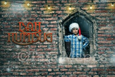 Christmas Bah Humbug - Brick Window Layered PSD File Digital Background Backdrop