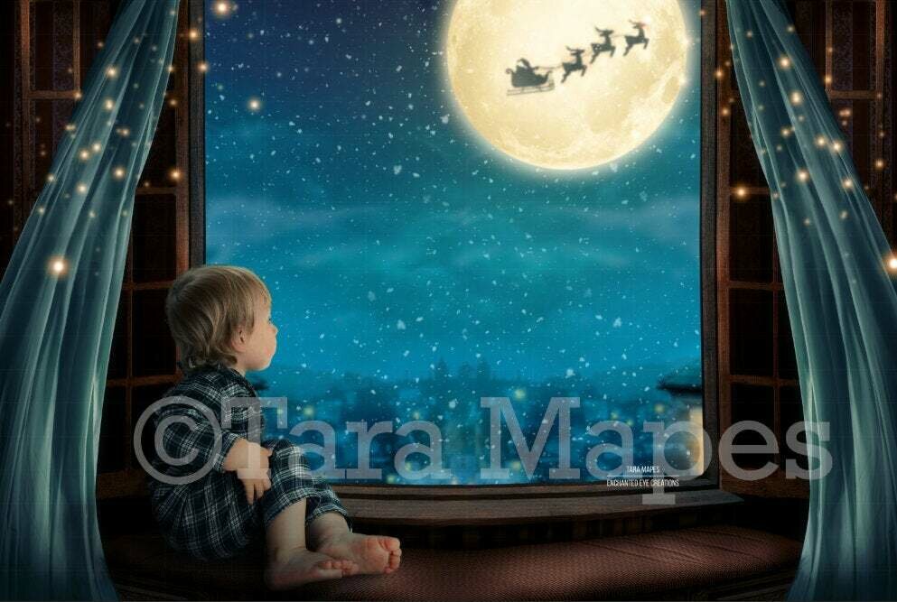 Christmas Window Overlooking City - Christmas Village - Magic Window with Santa in Moon Digital Background Backdrop