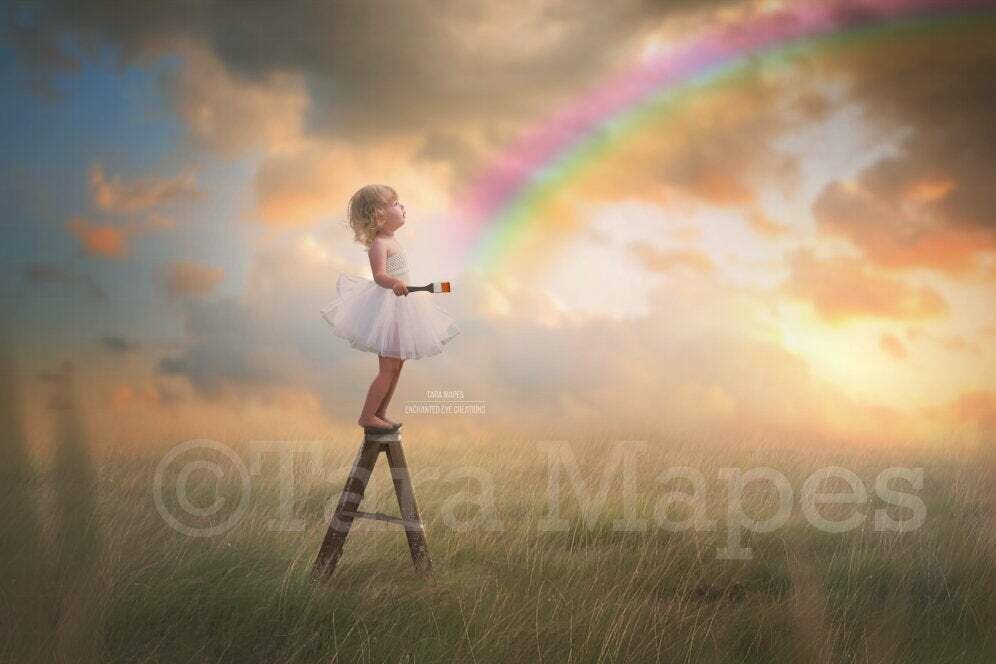 Paint a Rainbow- Ladder in Field- Rainbow Sunny Day Field Ladder with Rainbow PNG - Digital Background Backdrop