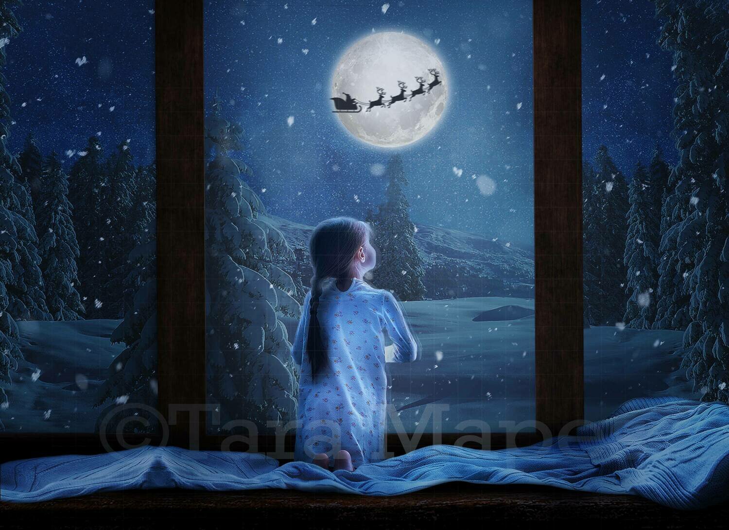 Christmas Window - Christmas Window with Santa in the Moon- Cozy Holiday Window - Digital Background Backdrop by Tara Mapes