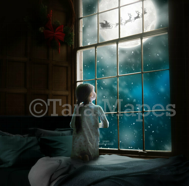 Big Christmas Window by Bed with  Santa in Moon at Night Digital Background Backdrop