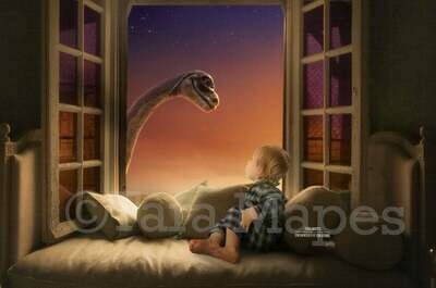 Dinosaur in Window Sunny Creamy Magical Digital Background Backdrop