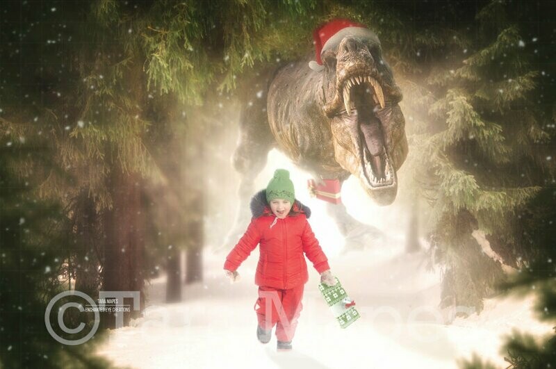 Christmas Dinosaur - Dino Chase - Funny T-Rex Tyrannosaurus Rex with Christmas Present - Chase Holiday Funny Digital Background Backdrop