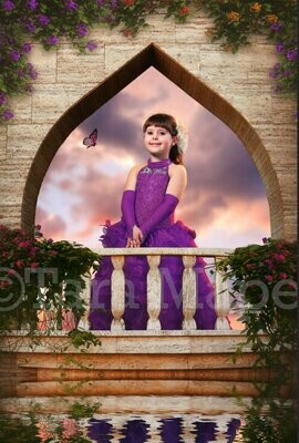 Balcony Castle by Water Layered PSD - Princess Balcony Sunset -  Castle Balcony with Flowers - Magical Digital Background Backdrop