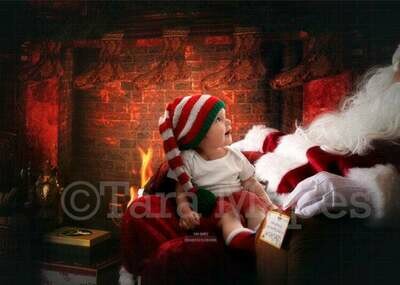 Sitting on Santa&#39;s Lap in Chair by Fireplace Christmas Digital Background Backdrop