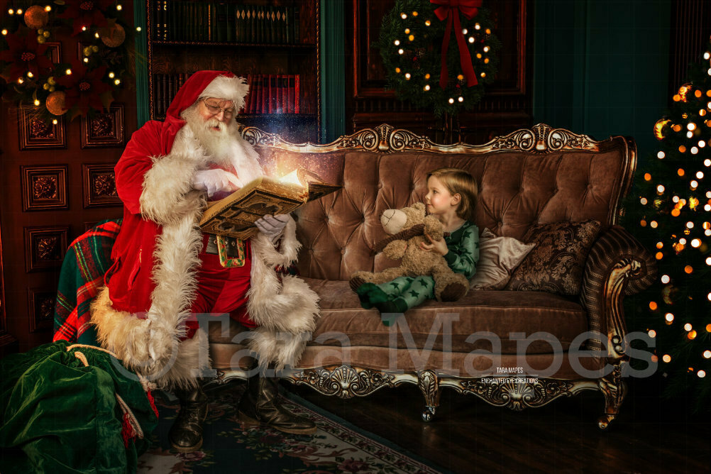 Santa Reading Book on Couch by Fireplace - Santa with Magic Book - Cozy Christmas Holiday Digital Background Backdrop
