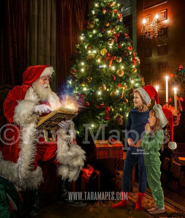 Santa Reading Magic Book by Christmas Tree - Santa with Magic Book - Cozy Christmas Holiday Digital Background Backdrop
