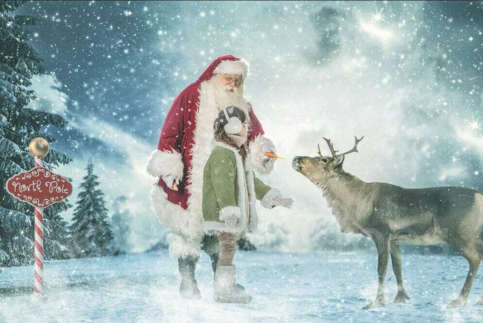 Santa Feeding Reindeer in North Pole - Rudolph - Christmas Holiday Digital Background Backdrop
