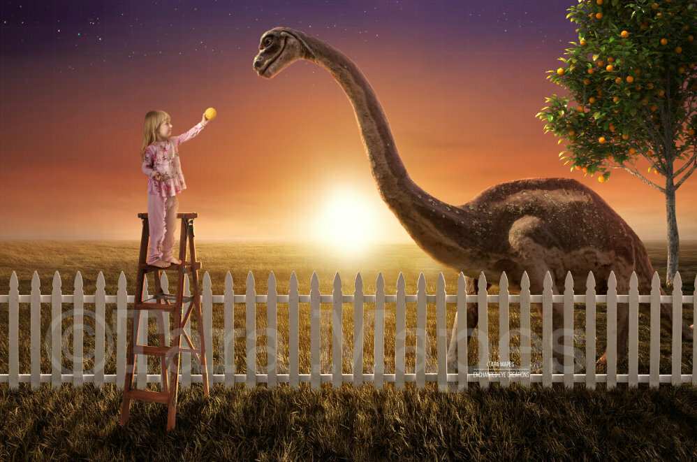 Smiling Dinosaur in Backyard Funny Dinosaur by Fence in Backyard Feeding Digital Background Backdrop