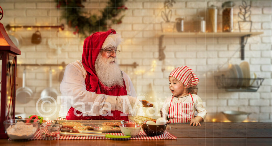 Baking Cookies with Santa Christmas Kitchen with Santa - Christmas Holiday Digital Background Backdrop FREE SPARKLES OVERLAY INCLUDED