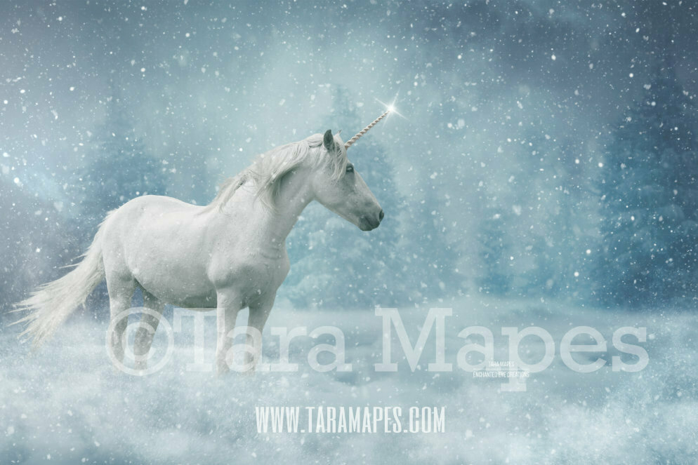 Winter Unicorn - Unicorn in Snow - Snow Unicorn - Christmas Holiday Digital Background
