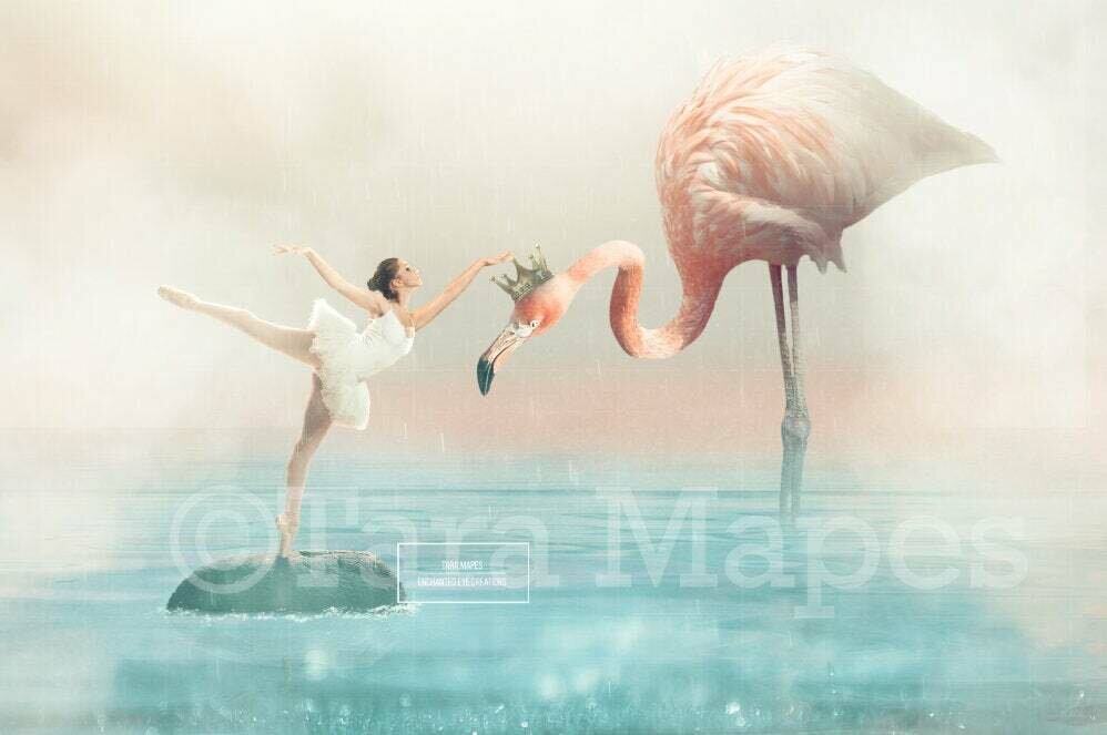 Pink Flamingo with Crown in Lake in Lake Digital Background Backdrop