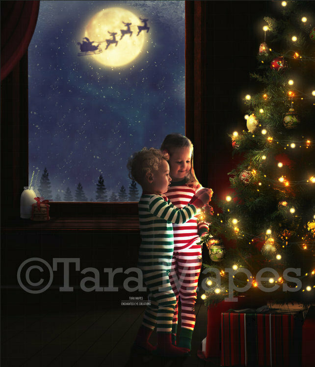 Decorating a Christmas Tree Santa in Moon Watching Holiday Christmas Digital Background Backdrop
