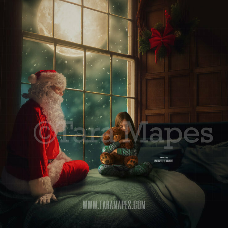 Santa on Bed by Big Christmas Window - Christmas Bed at Night with Father Christmas St Nick Digital Background Backdrop