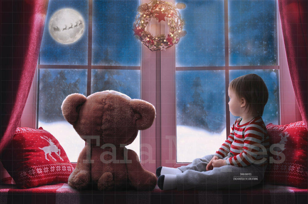 Christmas Window with Santa in Moon - Christmas Window - Teddy at Window Holiday Digital Backdrop / Background