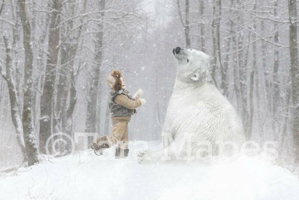 Polar Bear Catching Snow on Tongue- Snowy Winter Scene - FREE SNOW OVERLAY - Christmas Whimsical Winter Digital Background Backdrop
