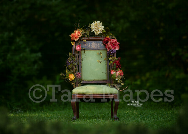 Green Antique Nature Chair with Flowers in Forest - Nature - Fairy Chair-  Creamy Nature Background Backdrop