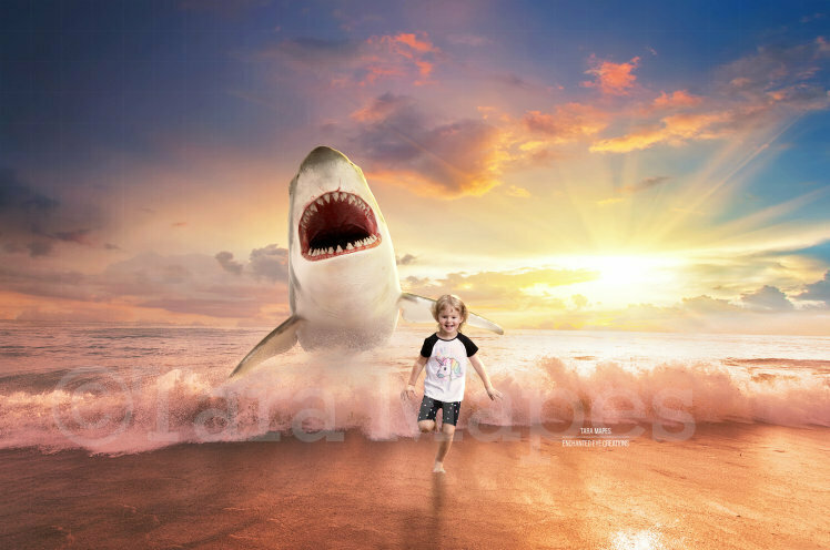 Shark in Ocean - Shark Jumping out of Ocean- Digital Background Backdrop
