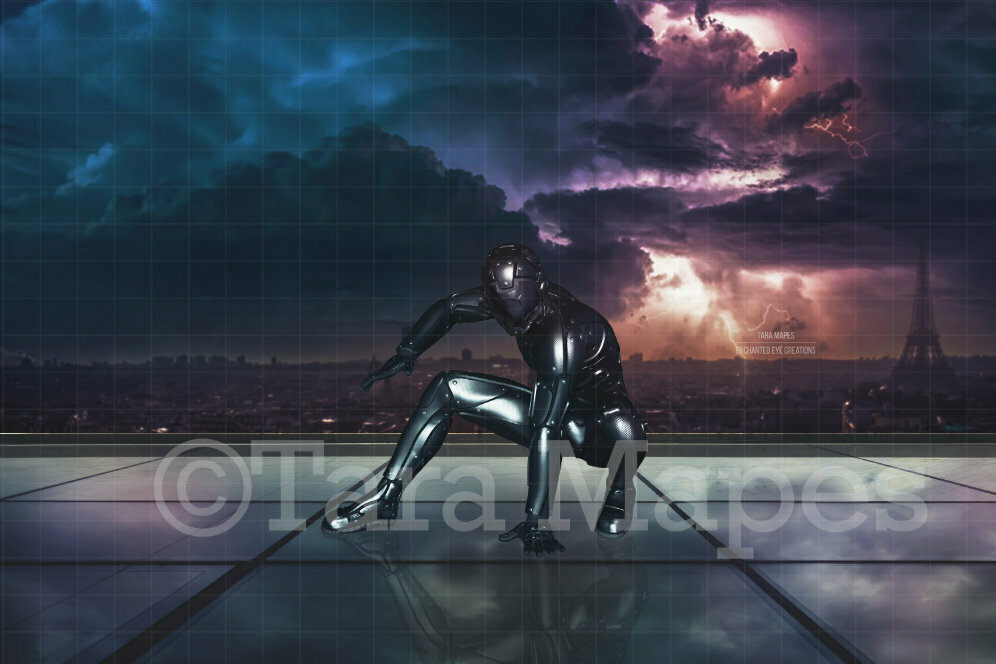 Superhero Digital Backdrop - Superhero Glass Building Rooftop Balcony in Storm Digital Background Backdrop
