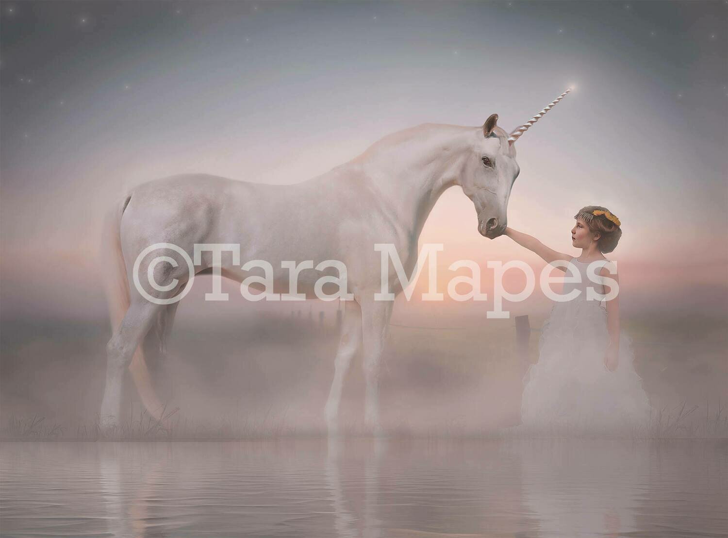 Unicorn by Lake Digital Background - Magical Unicorn Digital Backdrop