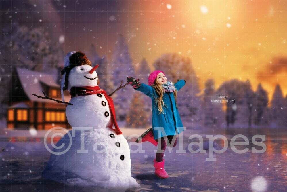 Snowman by Cabin in Sunset - Frosty the Snowman-  Winter Christmas Digital Background Backdrop