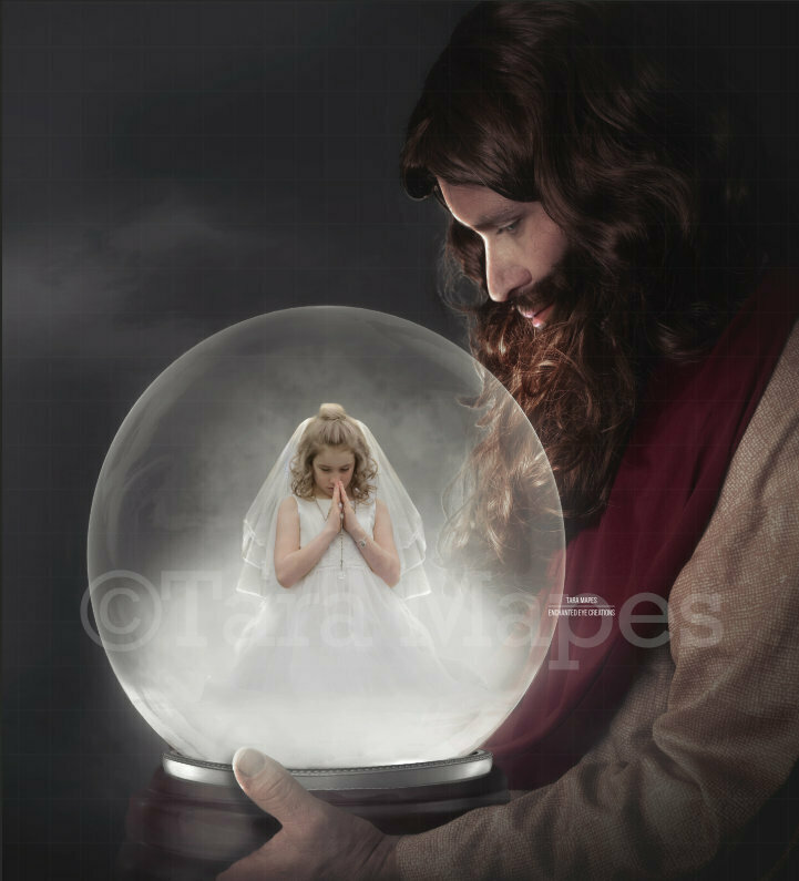 Jesus with Holy Globe - Jesus Holding Snow Globe - Religious Snowglobe Christmas Easter Digital Communion Background / Backdrop
