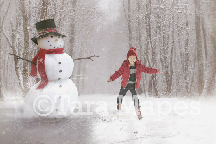 Snowman Ice Skating -Winter Snowy Scene- Separate Snow Overlay - Christmas Digital Background Backdrop