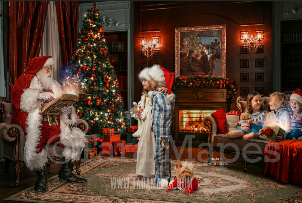 Santa Reading Book in Big Chair by Couch- Cozy Fireplace in Living Room - Santa with Magic Book - Cozy Christmas Holiday Digital Background Backdrop