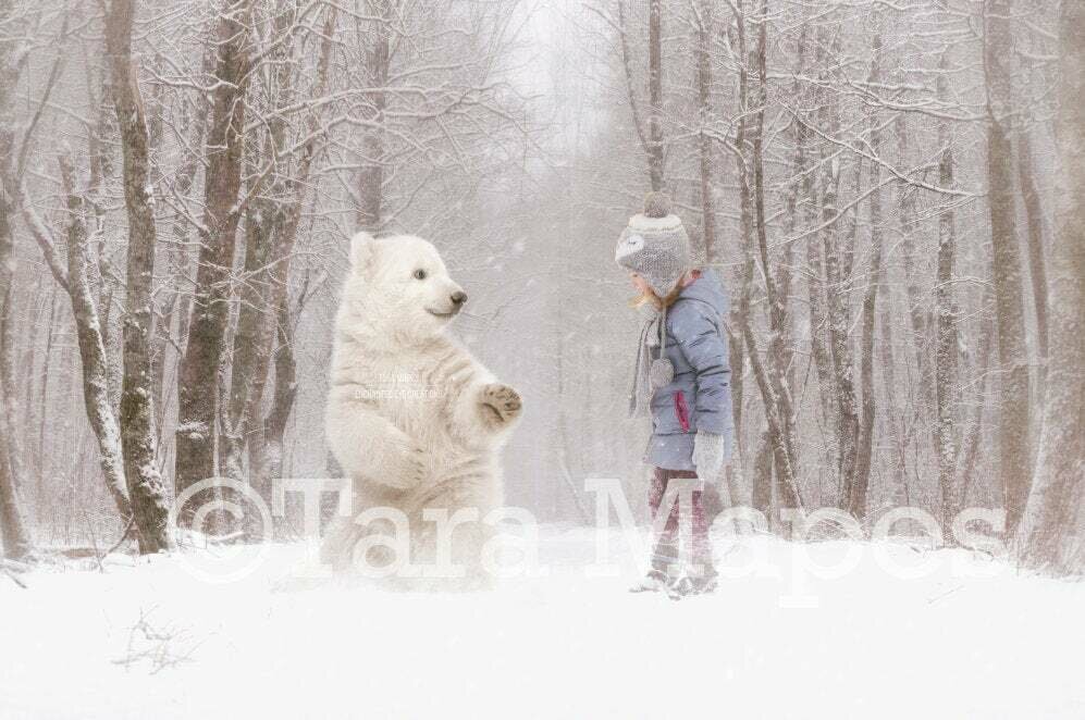 Polar Bear Cub in Snow- Snowy Winter Scene - FREE SNOW OVERLAY - Christmas Whimsical Winter Digital Background Backdrop