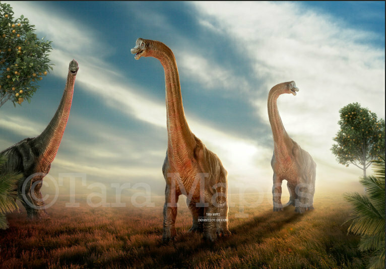 Smiling Dinosaurs in Sunny Field with Orange Trees - Funny Nice Dinosaurs  Digital Background Backdrop