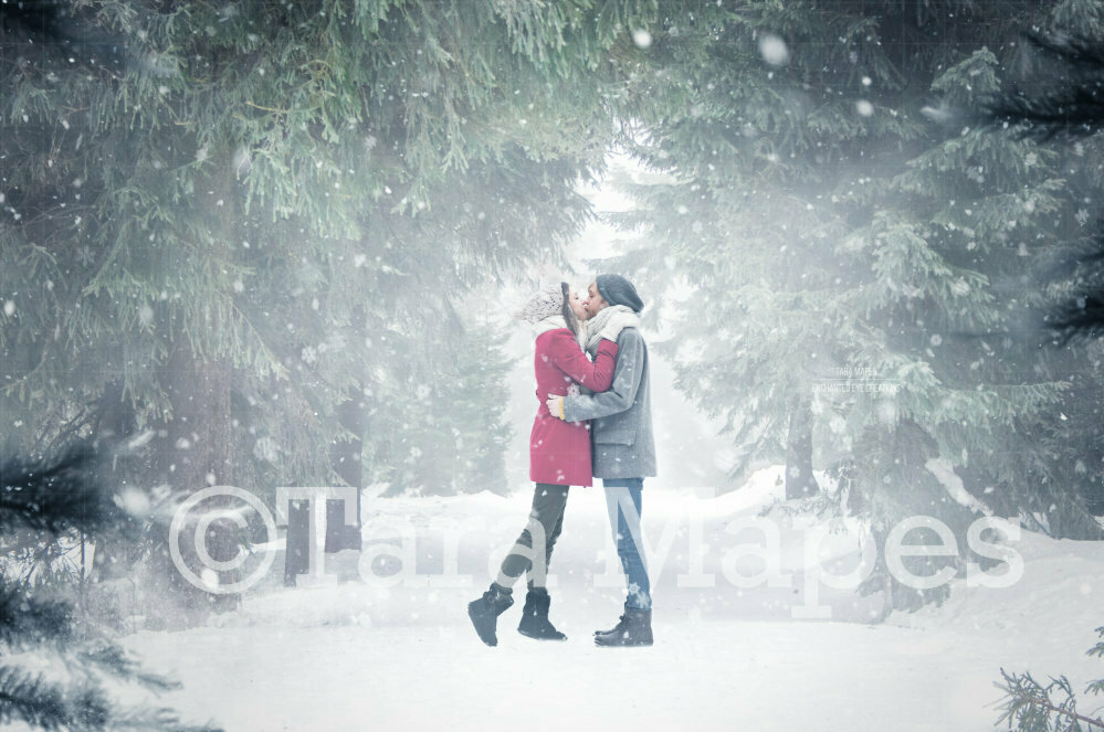 Pine Trees Snowy Scene Christmas Holiday Engagement Wedding Digital Background Backdrop