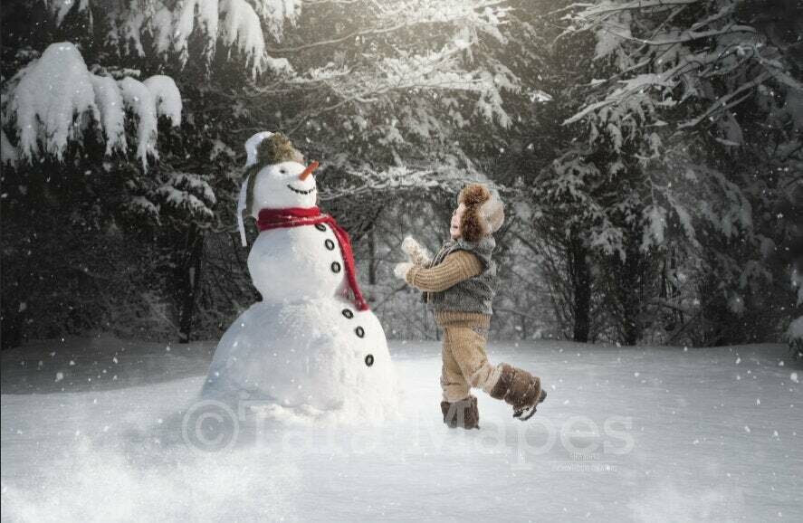 Snowman by Pines in Sunset - Frost the Snowman-  Winter Christmas Digital Background Backdrop