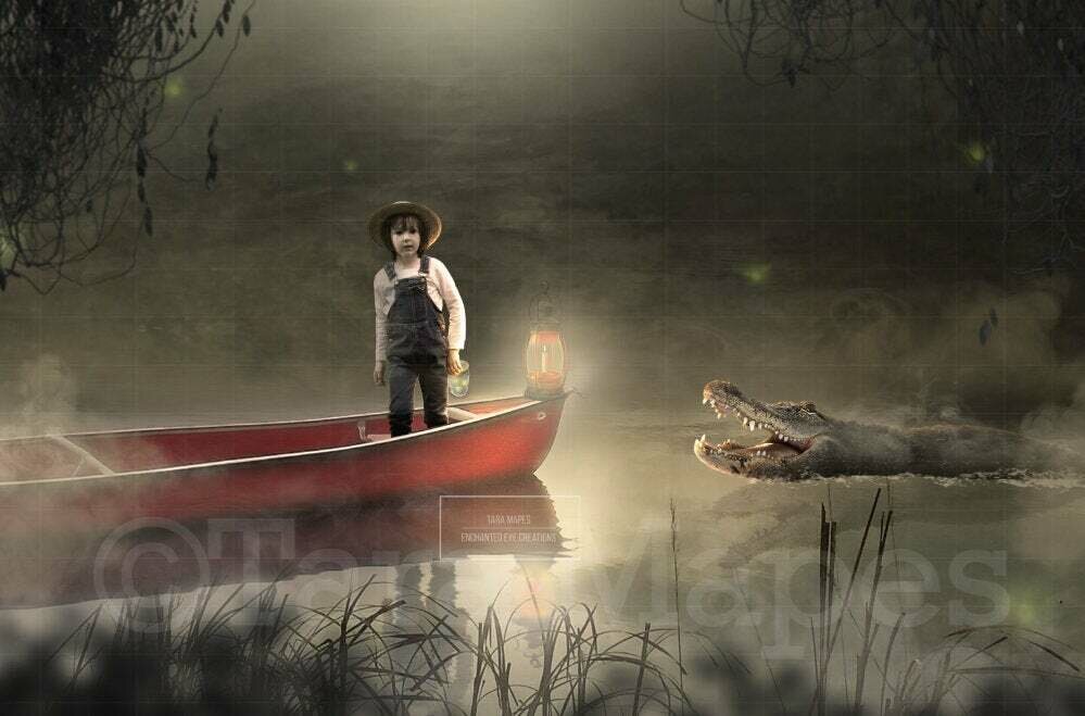 Alligator Crocodile in Fireflies Swamp Digital Background / Backdrop