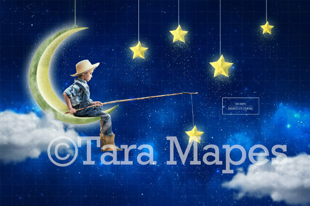 Sitting on Moon Star Fishing Digital Background / Backdrop