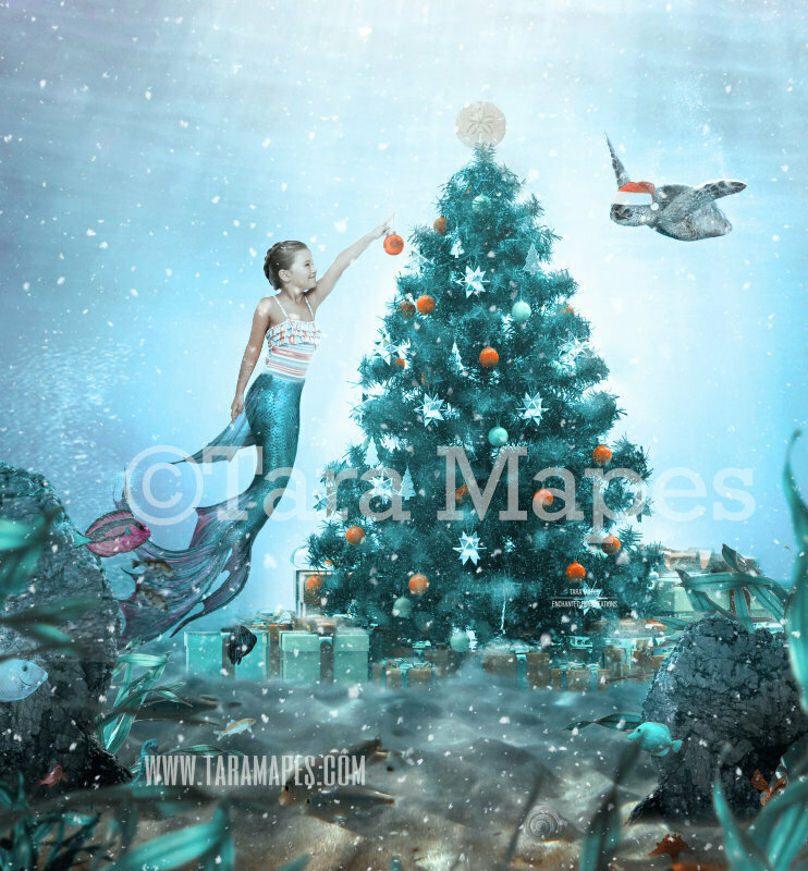 Christmas Mermaid Underwater Decorating Tree - Mermaid with Turtle - Winter Holiday Mermaid in Ocean Digital Background / Backdrop