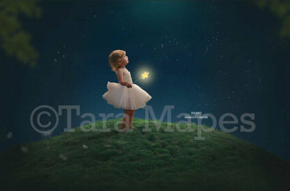 Magic Hill at Night | Night Sky Over Green Hill with Dandelions | Digital Background Backdrop