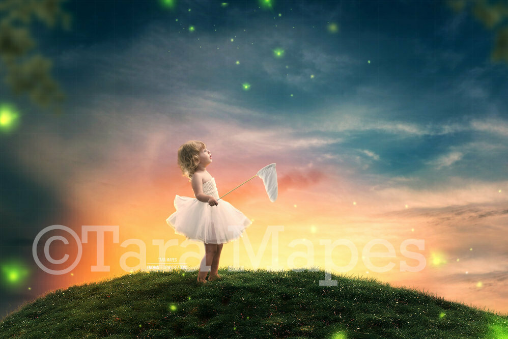 Firefly Hill -Grassy Hill With Fireflies at Sunset - Magical Digital Background / Backdrop