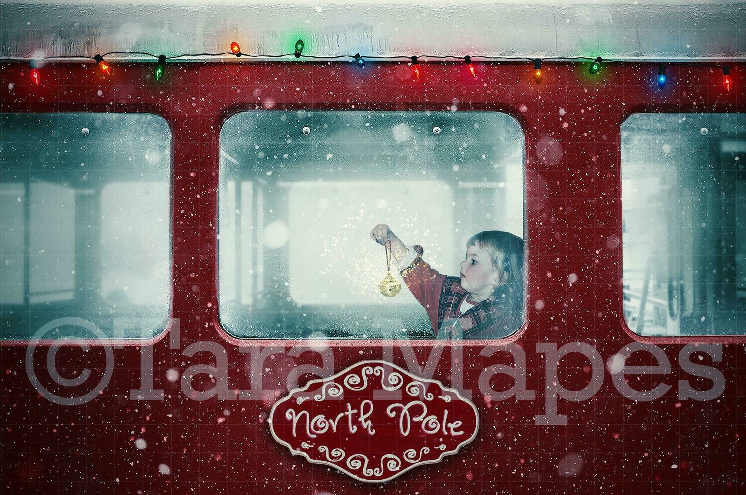 Red Christmas Train - Christmas Train Ride with Christmas Lights - Holiday Magical Christmas Train Digital Background