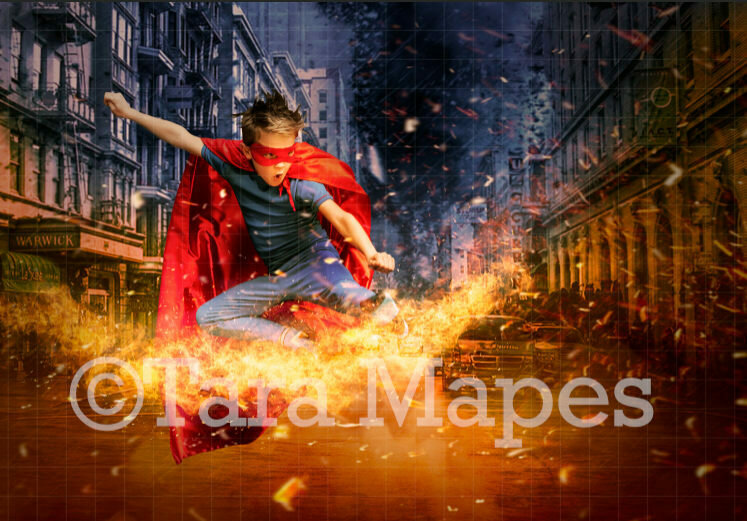 Superhero in Burning City Street Digital Background