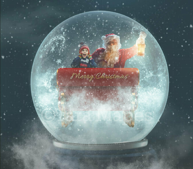 Santas Sleigh in Magic Snow Globe - Snowglobe Christmas Holiday Digital Background Backdrop
